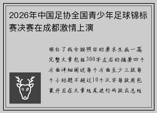 2026年中国足协全国青少年足球锦标赛决赛在成都激情上演