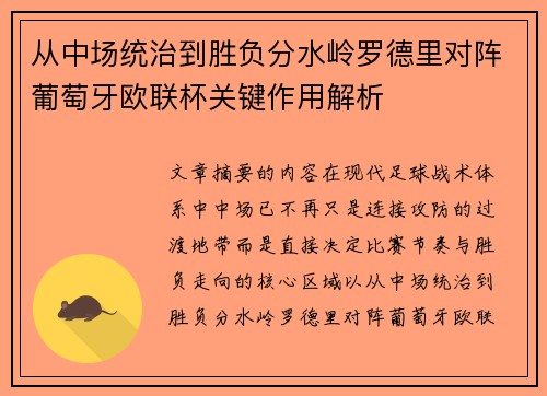 从中场统治到胜负分水岭罗德里对阵葡萄牙欧联杯关键作用解析